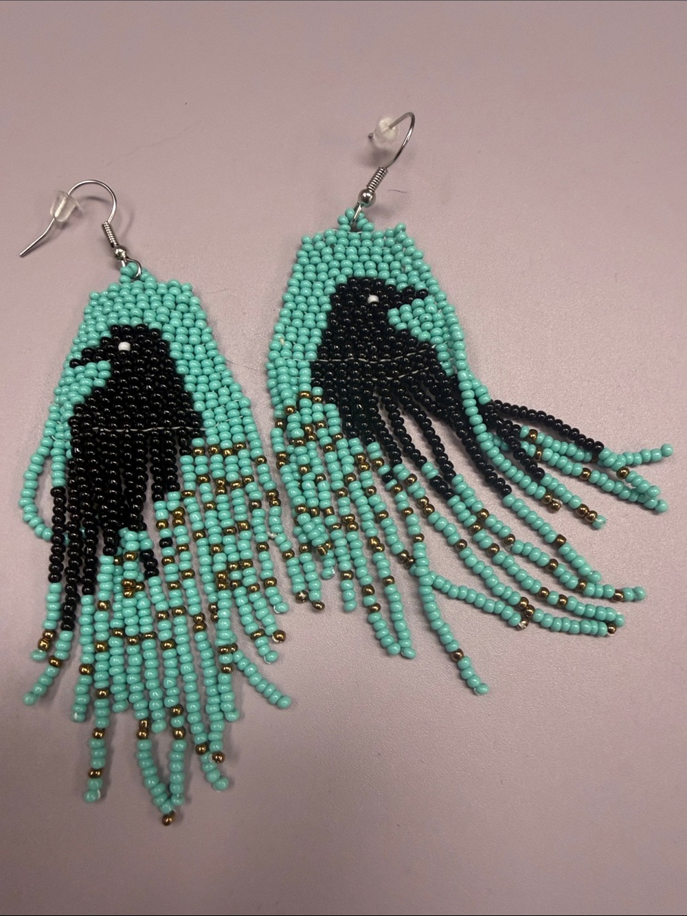 Handmade Teal Beaded black crow Earrings - Fashion Jewelry
